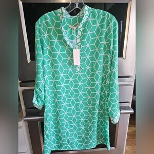 Hutch Shift Dress Small, Roll Up Sleeves Green White Geometric